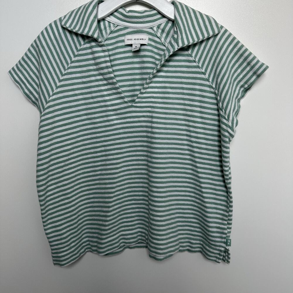 Free Assembly Women’s Striped Raglan Polo Shirt Relaxed Fit Cotton V Neck Size M
